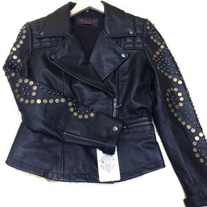 Woman Lamb Leather Soft Moto Biker Jacket Studded